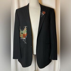 Artine Blazer Pin Stripe Black Suit Blazer Jacket Mens XXL Embroidered Rose Wing